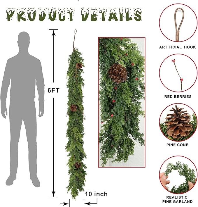 6 Ft Real Touch Christmas Garland Indoor with Pine Cone,Thick and Lush,Soft Bendable Mantle Garland Christmas, Lifelike Cedar Garland, Christmas Garland for Mantle,Indoor Christmas Decorations