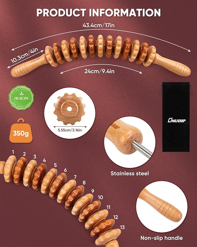 ONUEMP Wood Therapy Massage Tools, Wooden Bend Waist Thigh Massager & Muscle Roller Stick, Maderoterapia Colombiana Kit for Lymphatic Drainage, Anti Cellulite, Body Contouring/Shaping, Deep Tissue