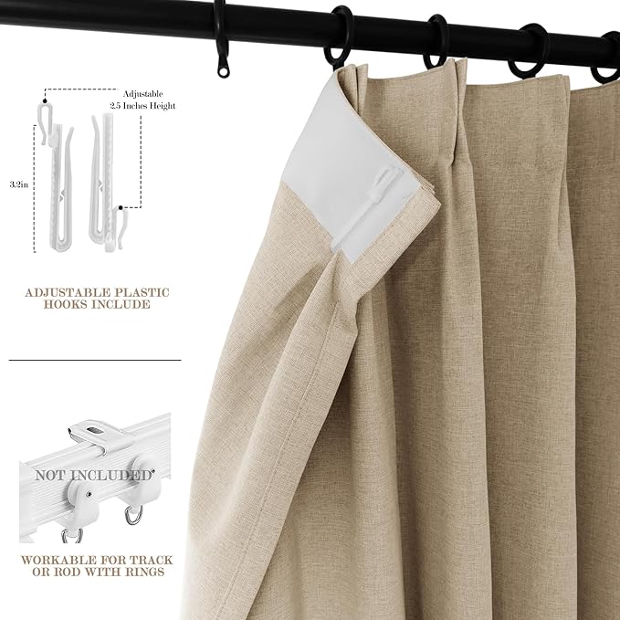 100" W x 84" L Faux Linen Room Divider Curtains, Full Blackout Pinch Pleated Drapes for Traverse Rod, Bedroom Divider Privacy Drapery with Hooks for Ceiling Track, 1 Panel, Sand Beige