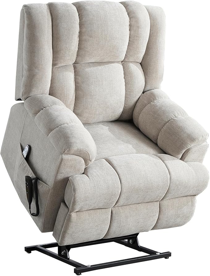Power Lift Recliner Chair with Massage and Heat for Elderly People, Dual Motor Electric Lift Chair with Power-Remote, Medium-Firm and Heavy Duty, Chenille Fabric - Beige