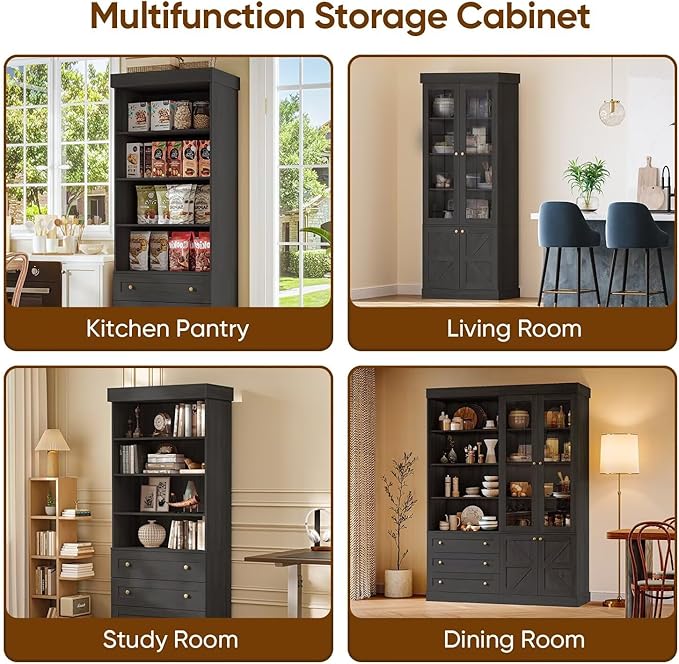 Vyre 71" Tall Farmhouse Bookshelves with Drawers, Large Modular Bookcase with Adjustable Shelves, Storage Cabinet for Living Room, Kitchen, Home Office, Black