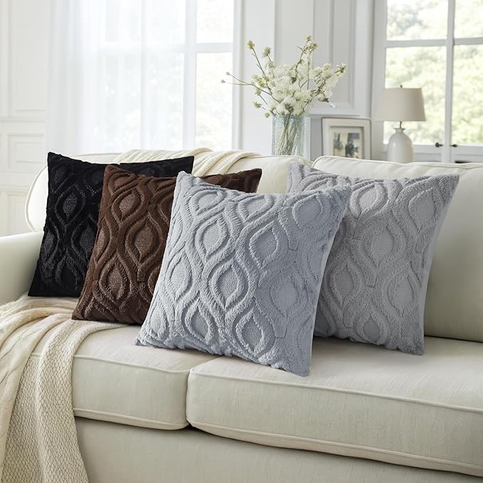 decorUhome Fall Throw Pillow Covers 22x22 Inch Set of 2, Soft Plush Decorative Faux Fur Blue Grey Solid Couch Pillow Covers, Accent Farmhouse Neutral Square Euro Pillow Cases for Sofa Bed Living Room