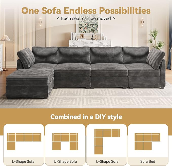 Modular Sectional Sofa with Chaise, U-Shaped 7-Seater Cloud Couch for Living Room, Plush Corduroy Fabric, Includes Movable Ottoman, Beige