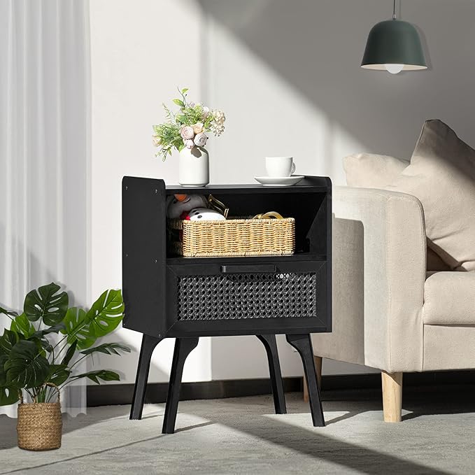 Lerliuo Rattan Nightstand, Side Table with Drawer Open Shelf, Cane Accent Bedside End Table with Solid Wood Legs, Mid Century Modern Night Stand for Bedroom, Dorm and Small Spaces (Black)