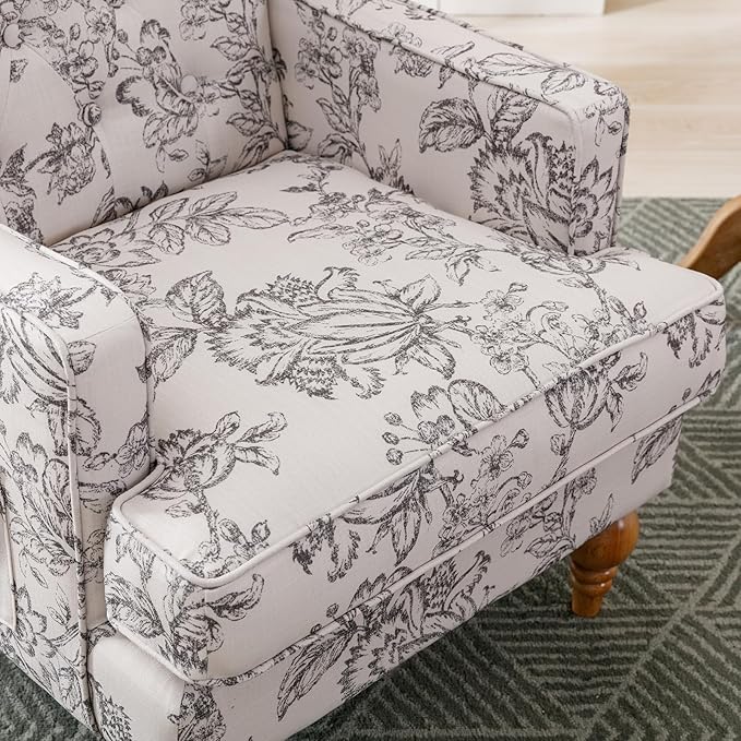 DUOMAY Tufted Accent Chair Set of 2, Modern Linen Upholstered Wingback Side Arm Chair for Living Room Bedroom with Wood Legs, Comfy Reading Guest Chair for Office, Beige Flower Pattern