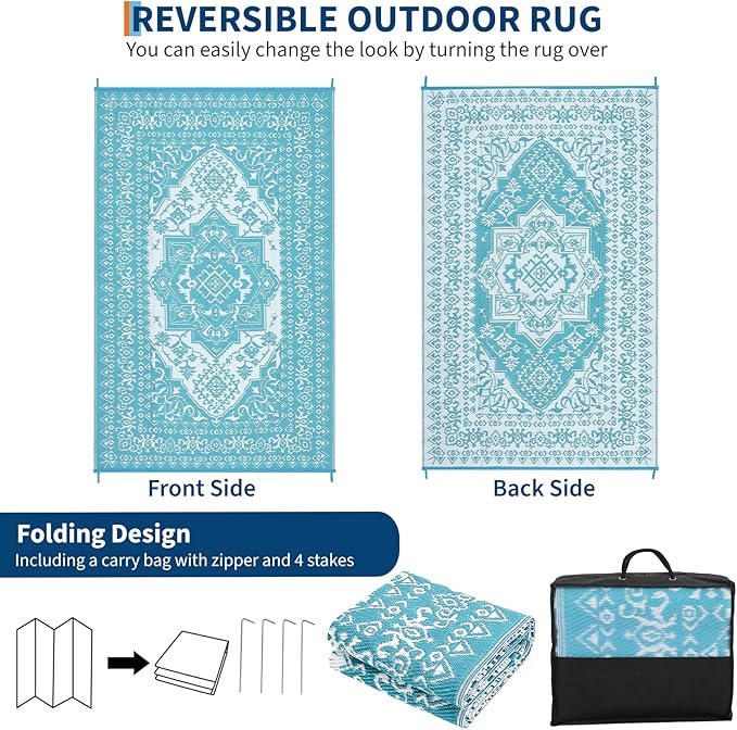 GAOMON Outdoor Rug Waterproof 9x18 Reversible Plastic Straw Rug, Large Rugs for Patio UV-Resistant Portable RV Camping Mats, Indoor Outdoor Medallion Carpet for Deck Porch Garden, Light Blue