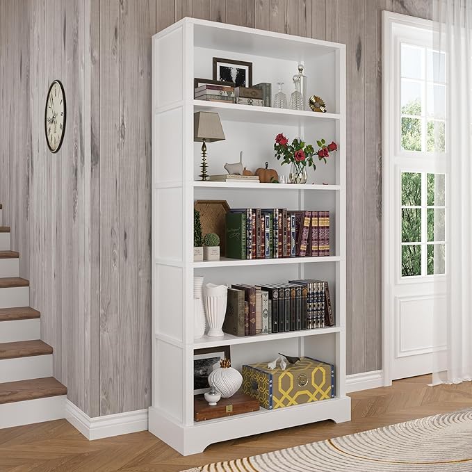 TVU 5-Shelf Wood Bookcase, 65 Inch Tall Bookshelf with Storage, Floor Standing Display Book Shelf,for Living Room Bedroom Study Office, White
