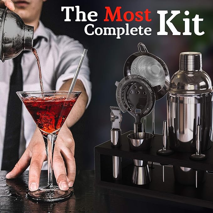 Highball & Chaser 13-Piece Cobbler Cocktail Shaker Set: Black Polished Stainless Steel Bartender Kit for Home Bar Set | Laser Engraved Tools Plus E-Book with 30 Recipes