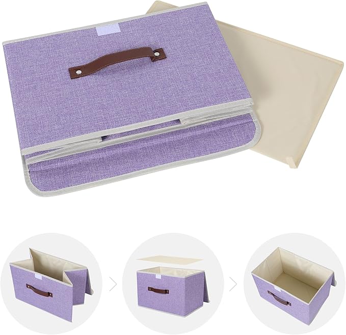 ANMINY 2PCS Storage Bins with Lid PU Leather Handles Storage Boxes PP Plastic Board Decorative Foldable Lidded Cotton Linen Fabric Home Cubes Baskets Closet Organizer Containers - Purple, Large Size