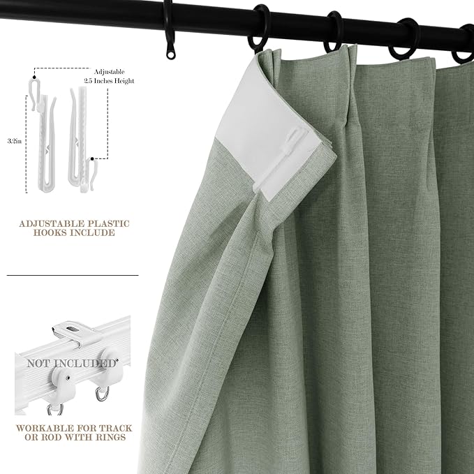 100" W x 84" L Faux Linen Room Divider Curtains, Full Blackout Pinch Pleated Drapes for Traverse Rod, Bedroom Divider Privacy Drapery with Hooks for Ceiling Track, 1 Panel, Fog Green