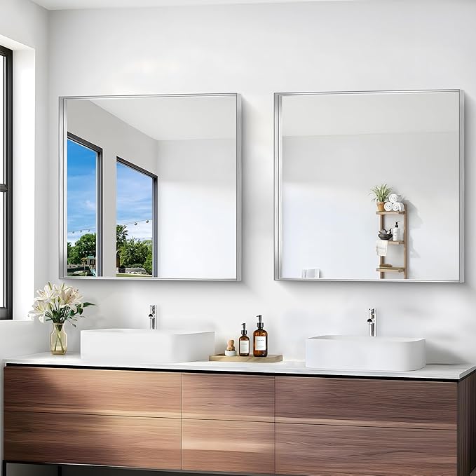 Silver Bathroom Mirror, 30x30 Inch Rectangular Framed Mirror, Large Wall Mounted Bathroom Vanity Mirror Over Sink for Bedroom,Restroom, Living Room, Hangs Vertically or Horizontally