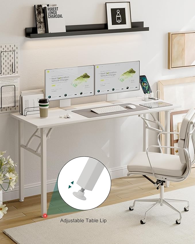 Frylr Small Folding Computer Desk β 55.1 Inch Portable Table for Craft and Study, Lightweight Desk for Small Spaces, Foldable Laptop Table Built-in AC/USB Outlets for Convenience, White