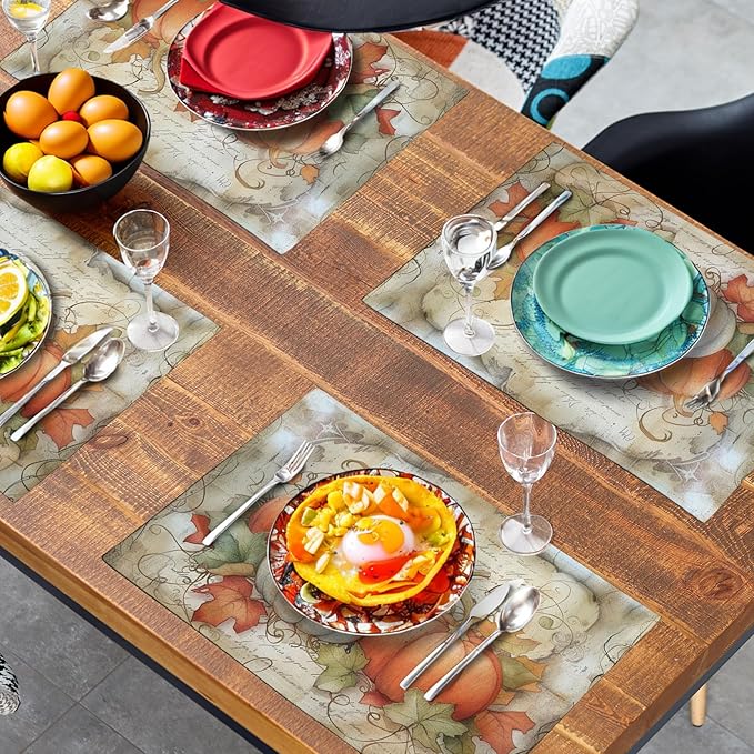 Fall Pumpkin Maple Leaf Placemats Set of 4, 12x18 Inch Vintage Autumn Harvest Rustic Leaves Table Mats Seasonal Fall Thanksgiving Washable Linen Fabric Place Mats for Party Kitchen Dining Decor