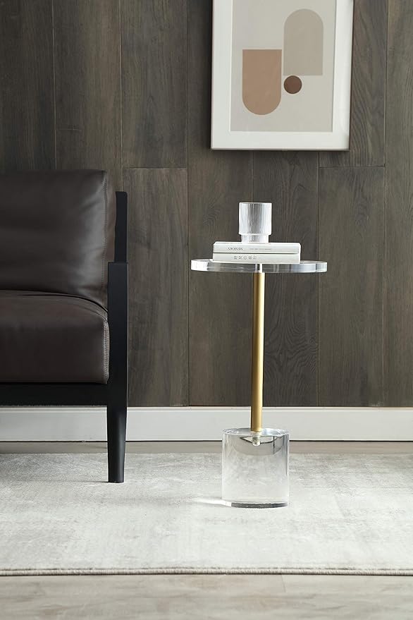 Clear Acrylic End Table,Side Table,Brushed Brass Metal,Round,for Office, Living Room and Bedroom,Easy Assembly,12x12 inch,21.3 inch high
