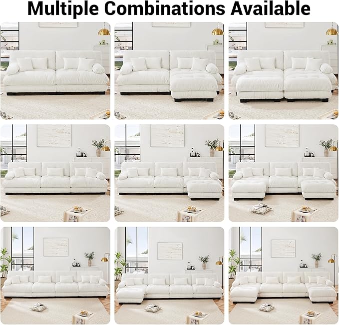 U Shaped Couch Sectional Couch, 4-Seater Cloud Couch Sectional Oversized Couch, Sofa Bed Couch with Round Bolster Armrests 6 Pillows, Modular Couch Home Sofa Living Room Couch(White)