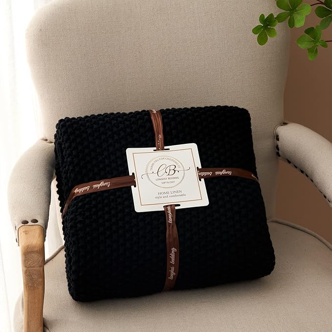 Longhui bedding Chunky Cable Knit Throw Blanket Lightweight Black 100% Organic Cotton Blanket for Sofa Couch Bed Baby Nursery, Rustic Shabby Chic Modern Farmhouse, 60” x 80” Give Laundering Bag