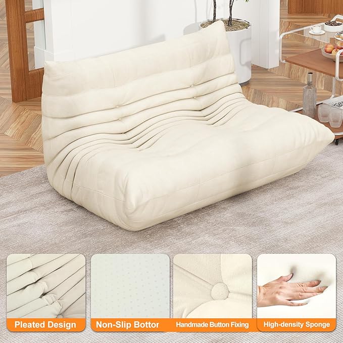 Full Foam Loveseat Sofa,Adults Bean Bag Chairs Floor Couch with Soft Waterproof Fabric,Armless Fireside Lounge Chair for Living Room,Apartment and Office (Whtie)