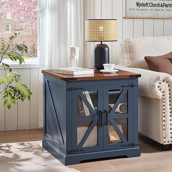 24" End Table with Charging Station, Farmhouse Night Stand with Glass Barn Door, White Nightstands with Adjustable Storage Shelf, Large Wood Square Bed Side Table for Living Room,Bedroom