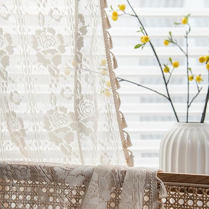 Sutuo Home Crochet Boho Curtains Rose Florals Embroidery, Sheer Lace Handmade Tassels Knitted Window Treatment Vintage Rustic Bohemian Farmhouse Drape for Bedroom Rod Pocket 1 Panel 59" W x 84" L