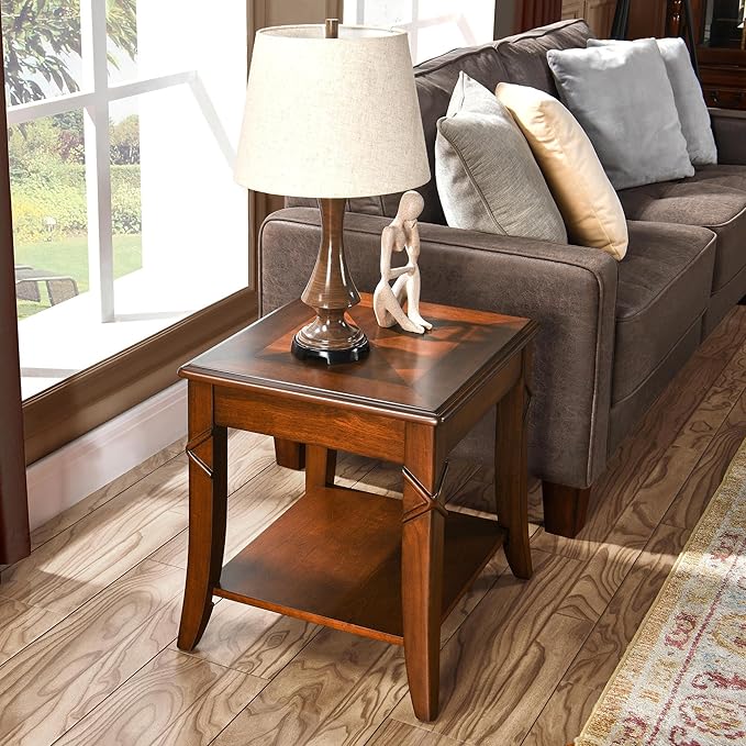 Solid Wood End Table with Storage Shelf, Vintage Rectangle Sofa Side Table with Splicing Tabletop and Carved Leg, BesideTelephone Table Cherry Brown,19.7 * 17.7 * 19.7in CJZ-DR200