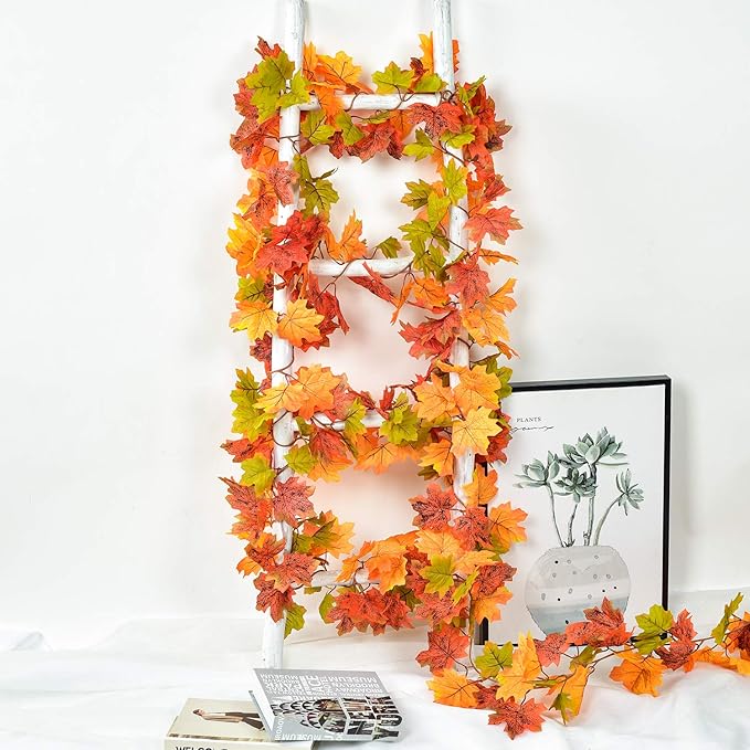 DearHouse 2 Pack Fall Garland Maple Leaf, 5.9Ft/Piece Hanging Vine Garland Artificial Autumn Foliage Garland Thanksgiving Decor for Home Wedding Fireplace Party Christmas (Green)