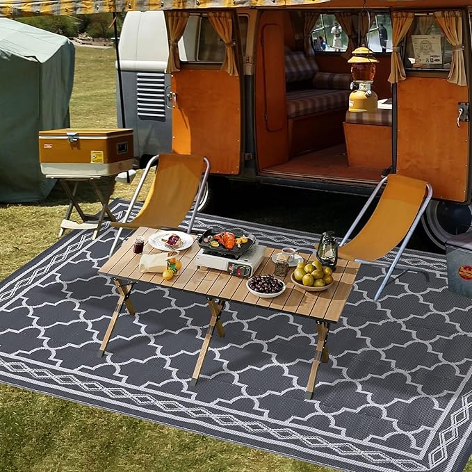 GAOMON Reversible Outdoor Rug 9'x18' Waterproof Plastic Straw Rug, Patio Rug, Large Modern Area Rug Carpet, Indoor Outdoor Rugs for Camping, Porch, Deck, Balcony, Backyard, Grey/White(Geometric)