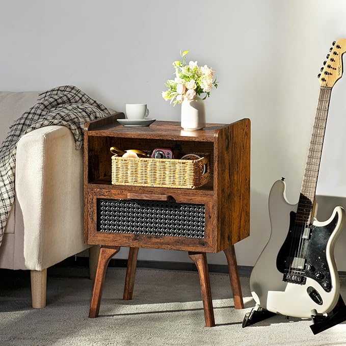 Lerliuo Rattan Nightstand, Boho Side Table with Drawer Open Shelf, Cane Accent Bedside End Table with Solid Wood Legs for Bedroom, Dorm and Small Spaces (Brown)
