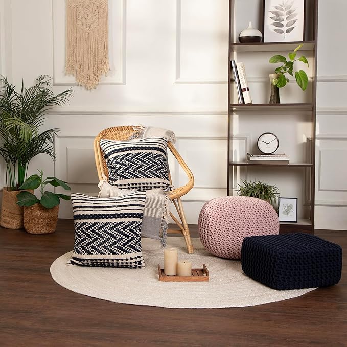 REDEARTH Round Pouf Ottoman - Hand Knitted Boho Poof Home Décor Pouffe Circular Footrest for Living Room - Bedroom - Lounge - 100% Cotton (19.5"x19.5"x14") - Pale Pink