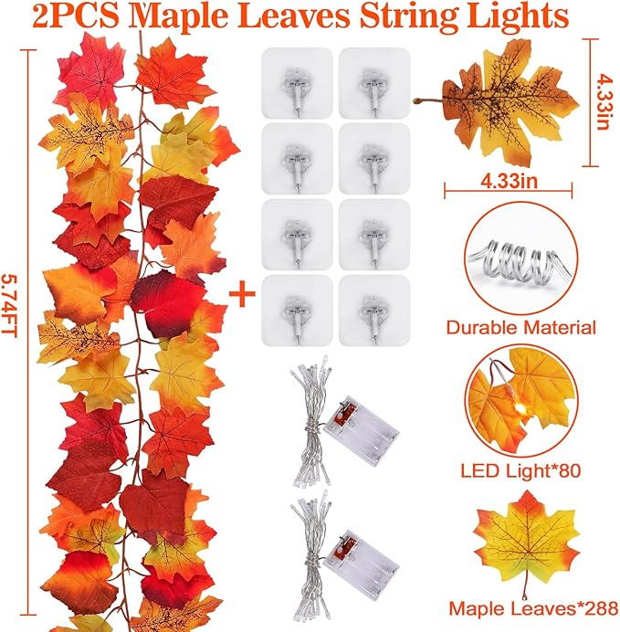 2 Pack Fall Decor Maple Leaves Garland with Lights Battery Operated Fall Thanksgiving Decorations Garland for Home Porch Front Door Table Mantle Outdoor Autumn Harvest Halloween Decor, 11.8Ft 40LED