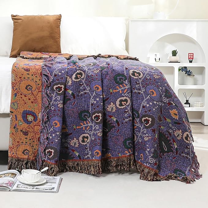 Boho Throw Blanket for Bed,100% Ultra Cotton Soft Breathable Bed Throw Floral Printed Farmhouse Decor Rustic Bed Throws for Couch Sofa Quilt Purple Flowers 60" x 80"