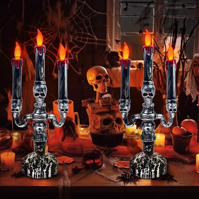 TURNMEON 2 PCS Skull Halloween Candles Lamp,Halloween Decorations Indoor 3-Candles Candelabra LED Lights Battery Operated Candles Holder, Halloween Decor for Home Table Party Room Scary Haunted House