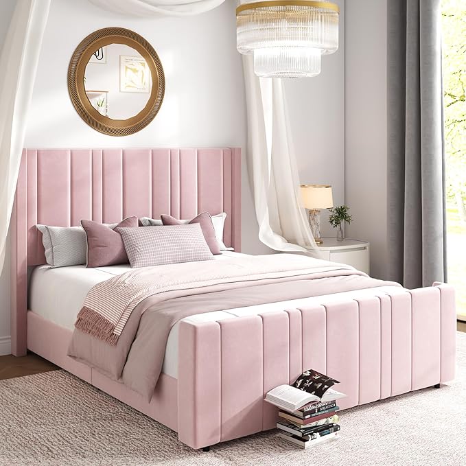 HOMBCK Pink Full Size Bed Frame Upholstered Bed with Velvet Tufted Headboard & Footboard, Mattress Foundation/Wooden Slats/Noise Free/No Box Spring Needed/Easy Assembly