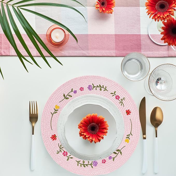 Whaline 4Pcs Round Placemats Spring Flower Embroidered Place Mats Pink Floral Dinner Table Mats for Home Holiday Wedding Bridal Baby Shower Birthday Party Decor