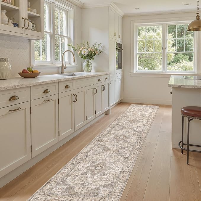 Washable 2.6x12 Runner Rug - Area Rugs Neutral Vintage Distressed Floral Farmhouse Boho Large Soft Floor Rug Indoor Carpet for Hallway Entryway Kitchen Home - Brown/Multi