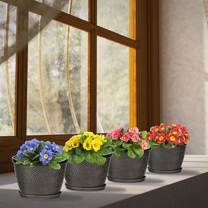 Quarut 4 Pack 6 Inch Flower Pots for Outdoor Indoor, Plastic Plant Pots with Drainage Hole & Saucer, Lightweight Small Flower Pot, Circle Pattern Planters for Garden House planters(Black Copper)
