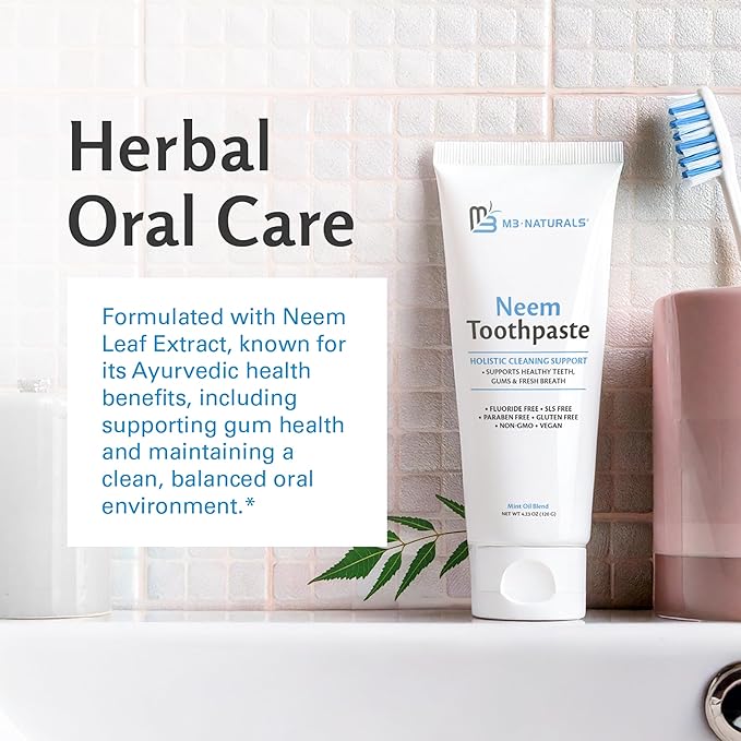 Fluoride-Free Neem Toothpaste with Mint for Adults & Kids with Sensitivity | Vegan, Gluten & SLS Free Herbal Formula for Sensitive Teeth, Healthy Gums and Fresh Breath, 4.23 oz (120 g) Pack of 2 by M3