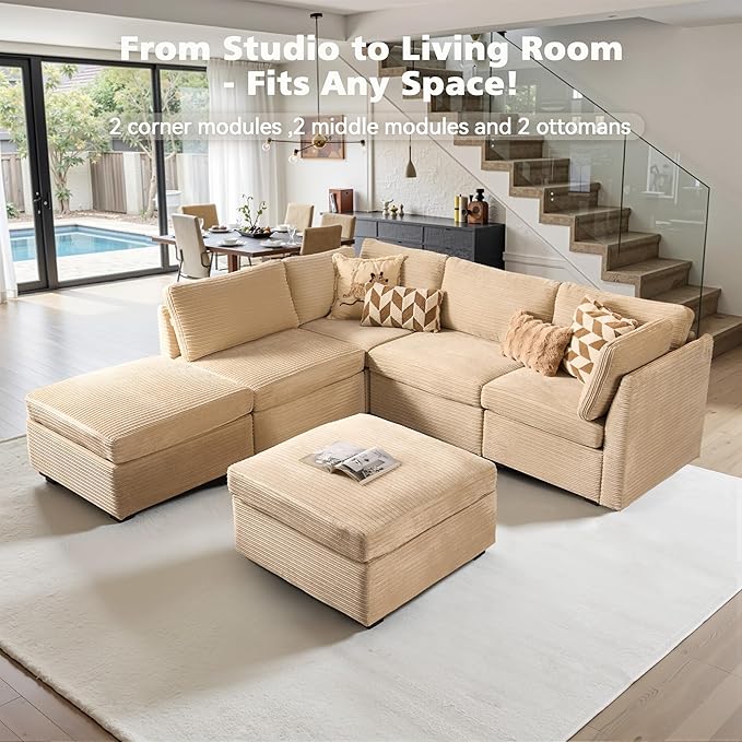 Modular Sectional Sofa, 130.7 Inch U Shaped Couch Set for Living Room, 4-Seater Comfy Cloud Couches with Two Movable Ottoman, DIY Combination, Plush Corduroy, Beige