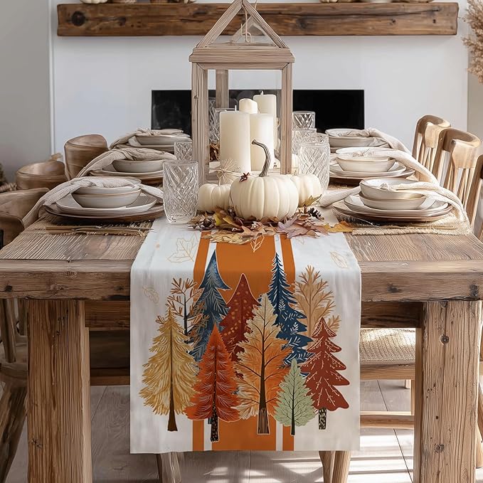 GEEORY Fall Watercolor Tree & Maple Leaves Striped Table Runner 13x36 Inch, Rustic Farmhouse Autumn Thanksgiving Decor for Kitchen, Dining, Indoor/Outdoor Holiday Dinner Party Orange GT157-36
