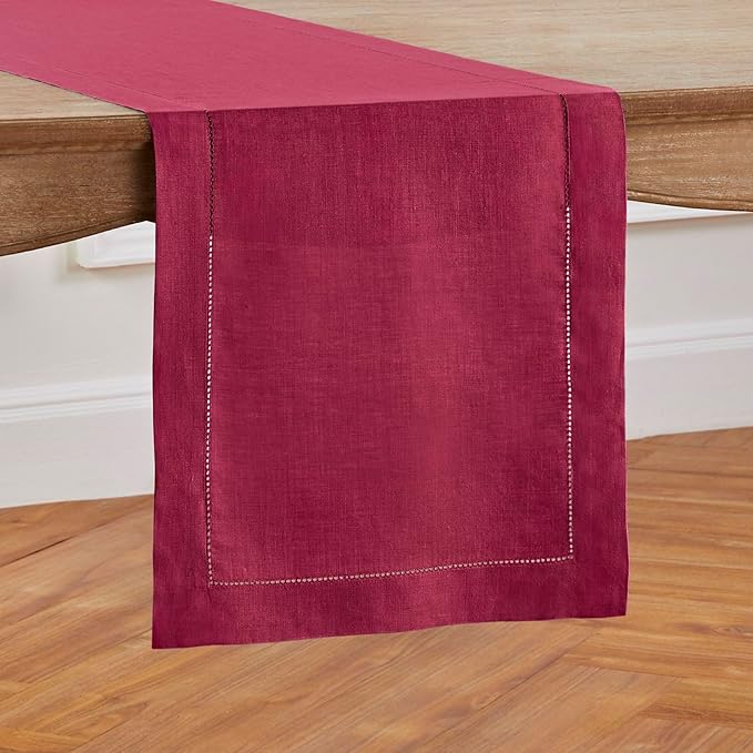 Solino Home Linen Table Runner 60 Inches - 100% Pure Linen Beet Hemstitch Table Runner 14 x 60 Inch Ideal for Dresser and Coffee Tables - Fall, Autumn, Thanksgiving - Classic Hemstitch