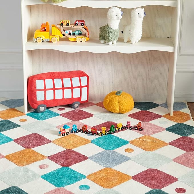 jinchan Area Rug 5x7 Kids Washable Indoor Floor Cover Non-Slip Modern Soft Rug Elementary School Classroom Colorful Diamond Carpet for Nursery Playroom Daycare Bedroom Living Room Confetti on Cream