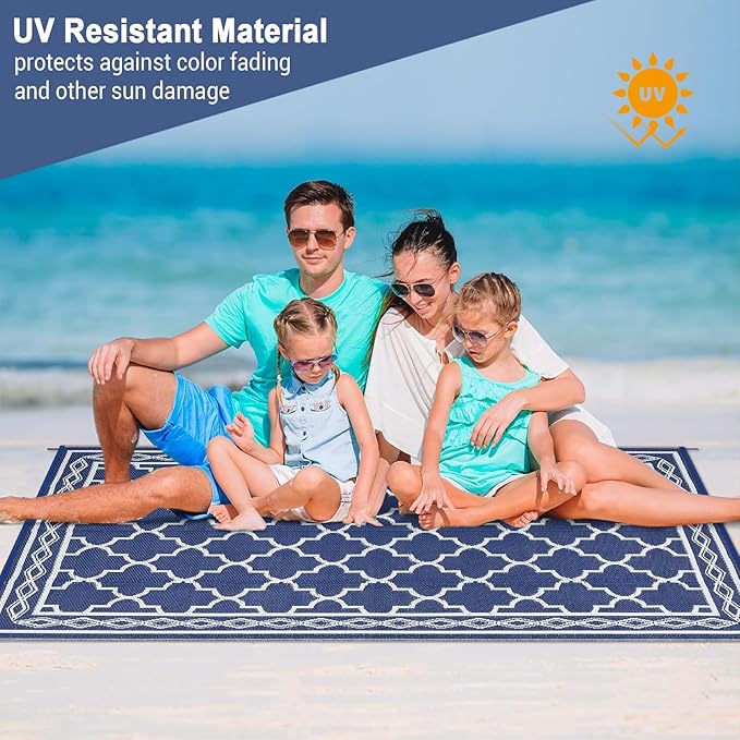 GAOMON Outdoor Rugs Patio Camping Waterproof Rug 6'x9' Plastic Straw Patio Rug Portable for Campers, Outside RVs Mat for Patios Clearance, Backyard Porch, Balcony, Navy/White(Geometric)