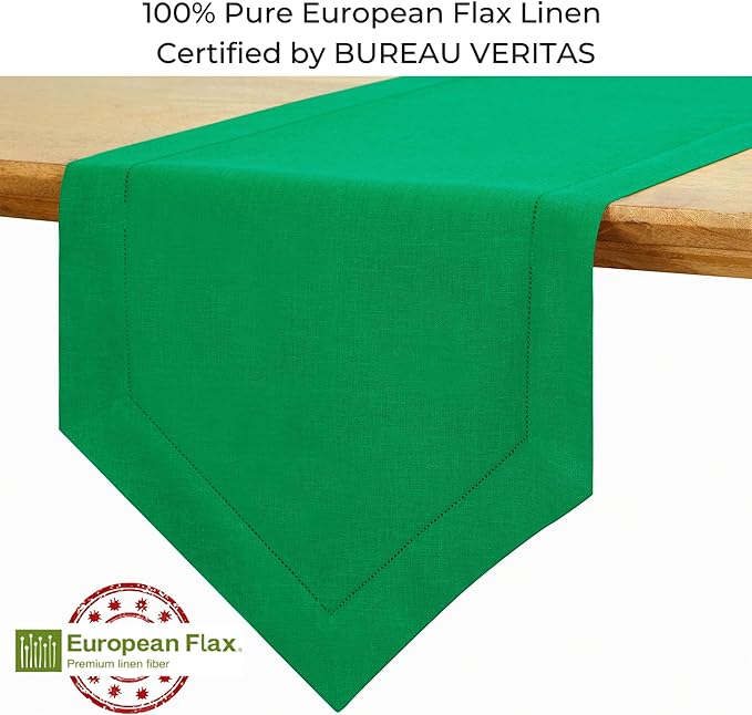 D'Moksha Homes Kelly Green Linen Table Runner 90 Inches Long - 100% Pure Linen Diamond Table Runner 14 x 90 Inch for Dining, Fall and Halloween - Machine Washable