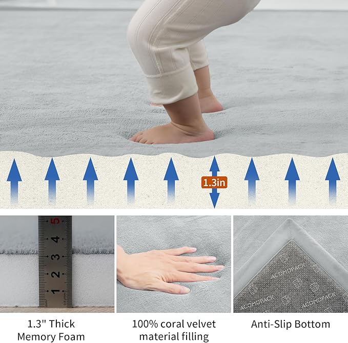 ACOMOPACK Baby Play Mat for Floor,1.3" Thick Memory Foam Area Rug for Living Room,Soft Velvet Crawling with Non-Slip Bottom for Kid,Toddler,79"×118" Tummy Time Nursery Rugs,Yoga(Light Grey)