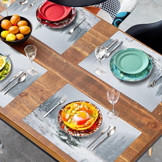 Winter Placemats Set of 4, 12x18 Inch Christmas Pine Tree Snowflake Linen Table Mats Seasonal Washable Farmhouse Place Mats for Kitchen Dining Xmas Holiday Party Decor