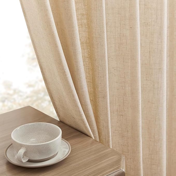 Joydeco Linen Curtains 90 Inch Length 2 Panel Sets,Light Filtering Curtains for Bedroom 52 Inch Wide Living Room Drapes with Back Tabs & Rod Pockets (W52 x L90 Inch, Ecru)