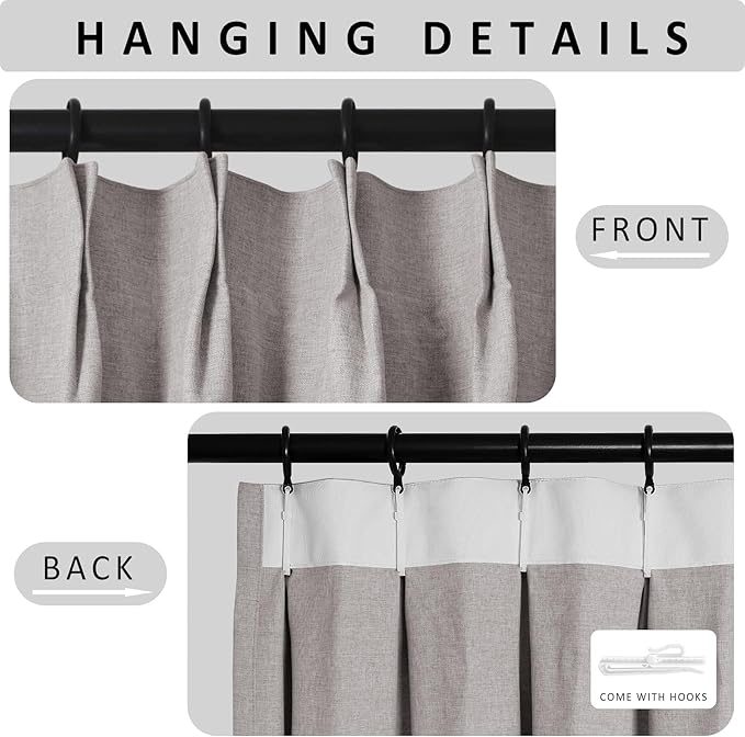 Macochico 100”Wx102”L 100% Blackout Pinch Pleated Linen Curtains for Sliding Door Bedroom Living Room Farmhouse Thermal Insulated Browish Grey Burlap Drapes with Tieback 1 Panel Shabby Chic Style