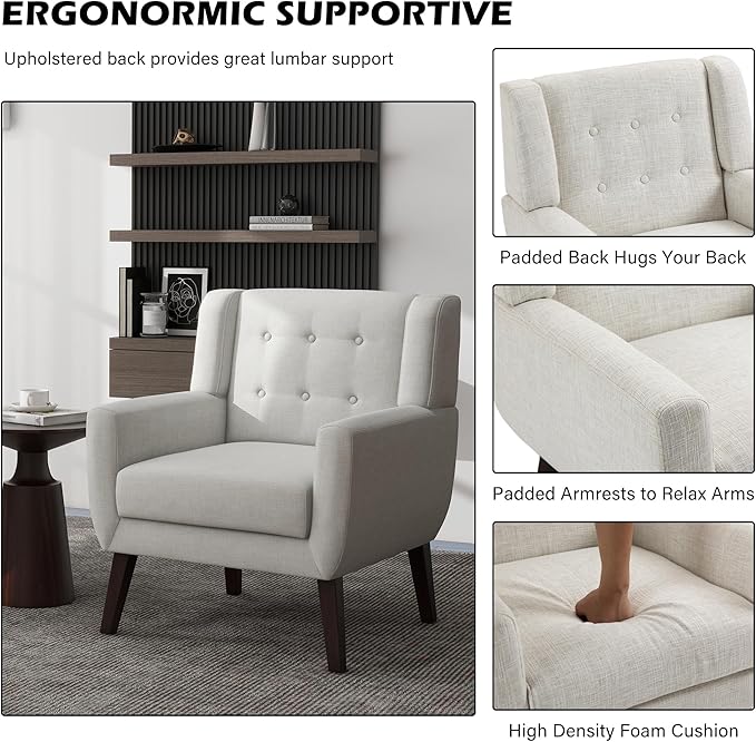UIXE Accent Chair, Modern Upholstered Armchair in Fabric for Living Room, Comfy Club Arm Chairs Single Sofa Button Tufted Bedroom Reading Seat - Beige, Set of 4