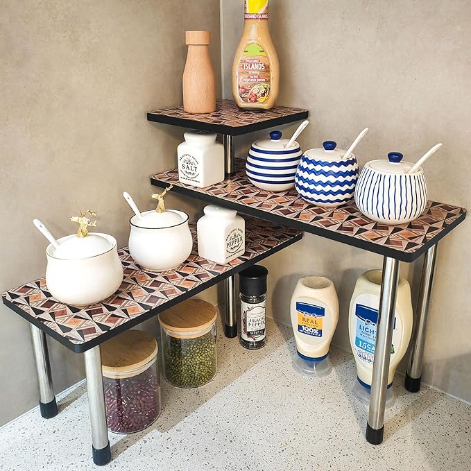 HYNAWIN 3-Tier Countertop Shelf,Desktop Storage and Organization,Bamboo Corner Shelf Over the Table With Printed Pattern-Adjustable Rack with Double Legs for Kitchen,Bed Room, Office