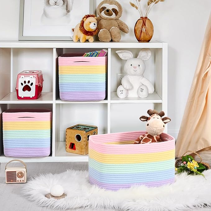 Shelf Baskets for Organizing, Woven Storage Basket for Shelves,Cotton Rope Storage Bins for Toys Books, Nursery Towel Baskets for Classroom, 14.96"X9.8"X8.85", 3-Pack Pastel Rainbow