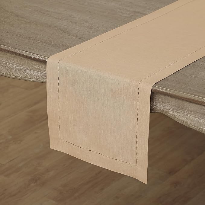 Solino Home Linen Beige Table Runner 90 Inches Long - 100% Pure Linen 14 x 90 Inch Table Runner for Fall, Autumn, Thanksgiving - Classic Hemstitch